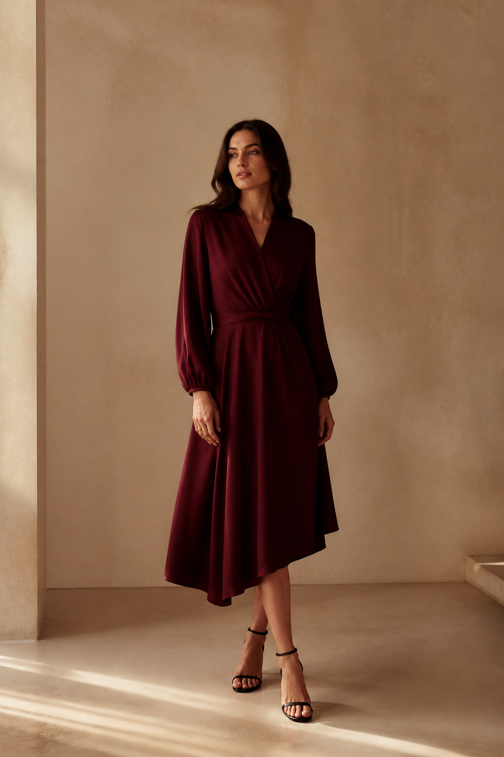 Kobieta w eleganckiej burgundowej sukience