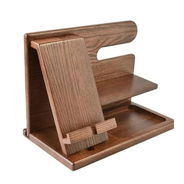 Drewniany organizer biurkowy na telefon, zegarek i okulary