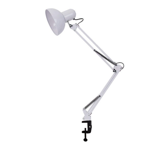 Minimalistyczna lampa biurkowa z klipsem i regulowanym ramieniem
