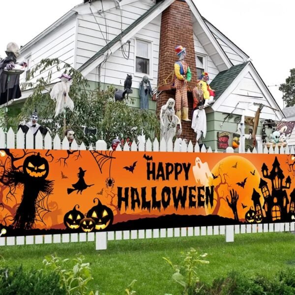 Poliestrowy baner halloweenowy z dyniami i duchami, 200 × 40 cm