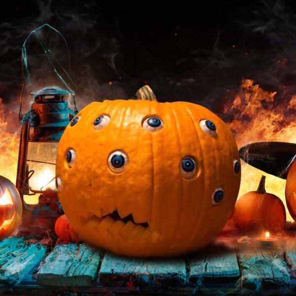 Dekoracyjna dynia na Halloween z ruchomymi elektronicznymi oczami