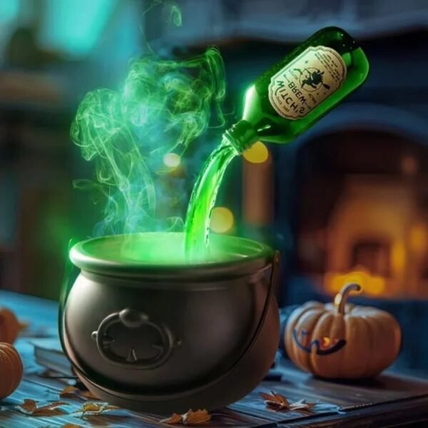 Dekoracyjny kociołek na Halloween z mgłą i zielonym światłem LED