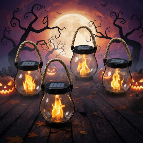 Wisząca latarnia solarna LED z efektem płomienia na Halloween