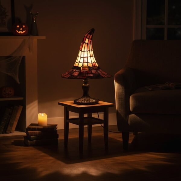 Witrażowa lampka stołowa na Halloween w kształcie kapelusza czarownicy