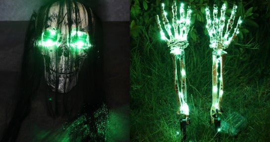 Świecące dłonie szkieletu i czaszka LED do ogrodu