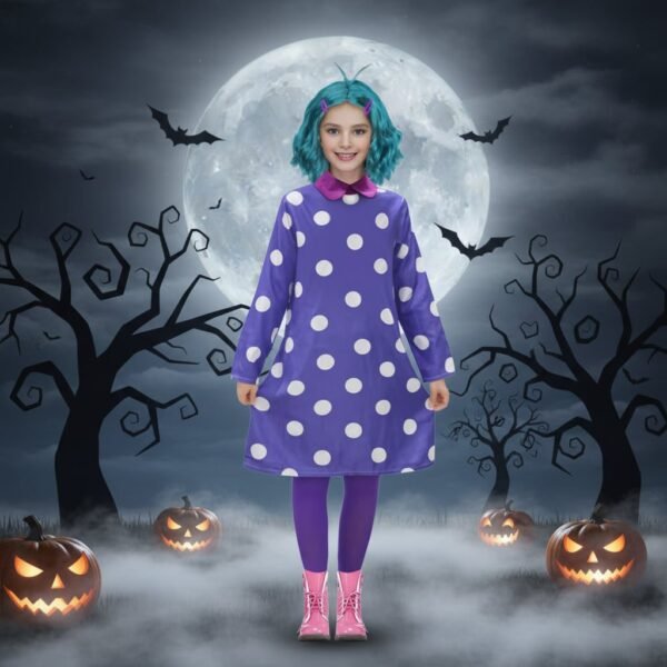 Dziecięcy kostium na Halloween z fioletową sukienką i turkusową peruką