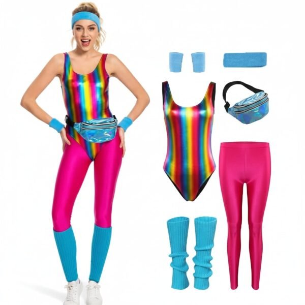 Neonowy strój fitness z lat 80. dla dziewczynek – body i getry