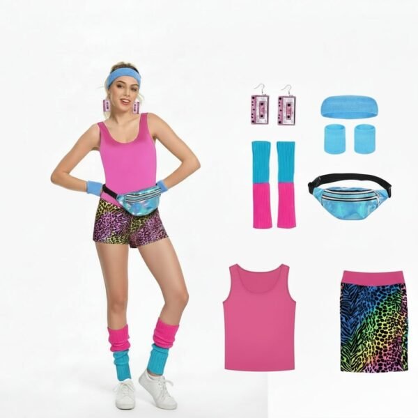 Neonowy strój fitness z lat 80. dla dziewczynek – body i getry