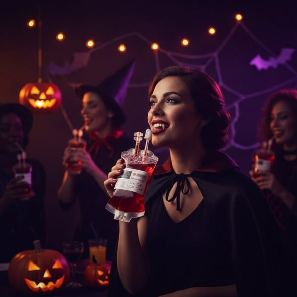 Worek imitujący krew z czerwonym płynem do dekoracji na Halloween