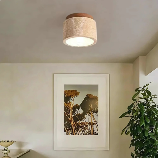Cylindryczna lampa sufitowa LED z trawertynu i drewnianą podstawą