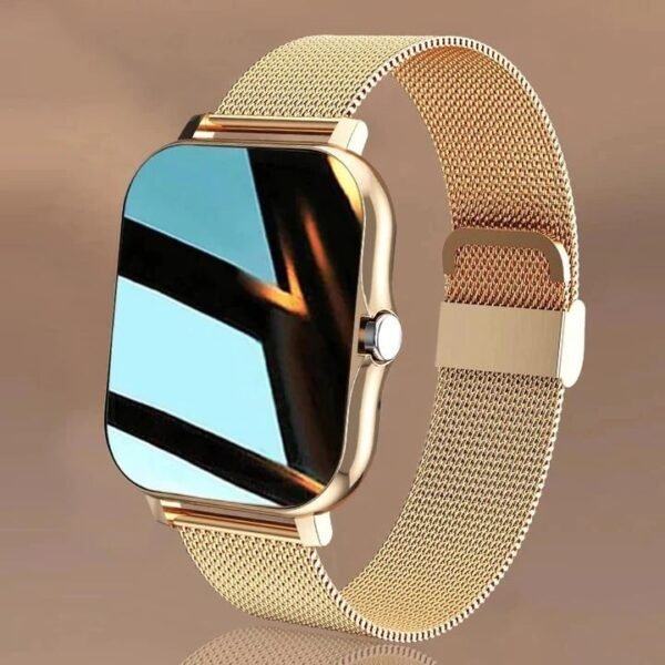 Damski smartwatch z bransoletą mesh, dotykowym ekranem i pomiarem ciśnienia