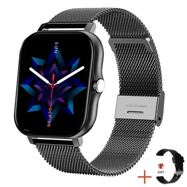 Damski smartwatch z bransoletą mesh, dotykowym ekranem i pomiarem ciśnienia