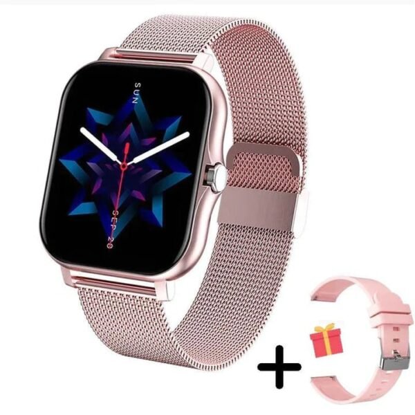 Damski smartwatch z bransoletą mesh, dotykowym ekranem i pomiarem ciśnienia
